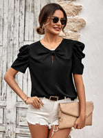 Solid Color Puff Short Sleeve V-Neck Ruched Shirt Wholesale Womens Tops