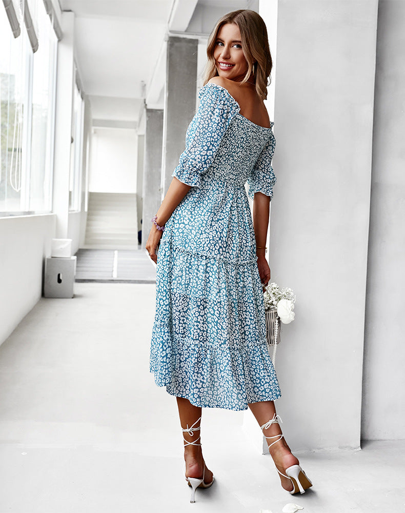 Sexy Off Shoulder Floral Midi Swing Dress High Waist Slim Petal Sleeve Vacation Wholesale Dresses