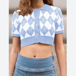 Button Plaid Fashion Short Sleeve Knitted Lapel Short Womens Shirts Wholesale Crop Tops