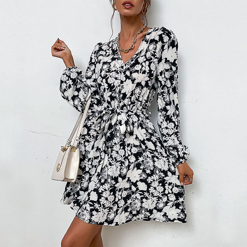 Casual V-Neck Long Sleeve Tie-Up Floral Dress Wholesale Dresses