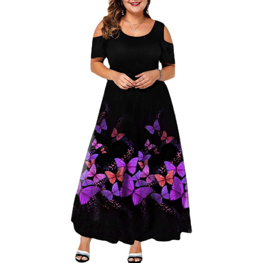 Butterfly Print Cold Shoulder Casual Loose Wholesale Plus Size Dresses