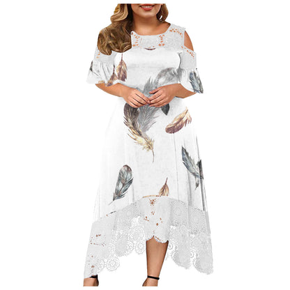 Printed Lace Stitching Fashion Curvy Dresses Wholesale Plus Size Clothing