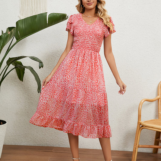 V-Neck Short Sleeve Printed Chiffon Flowy Dress Wholesale Dresses