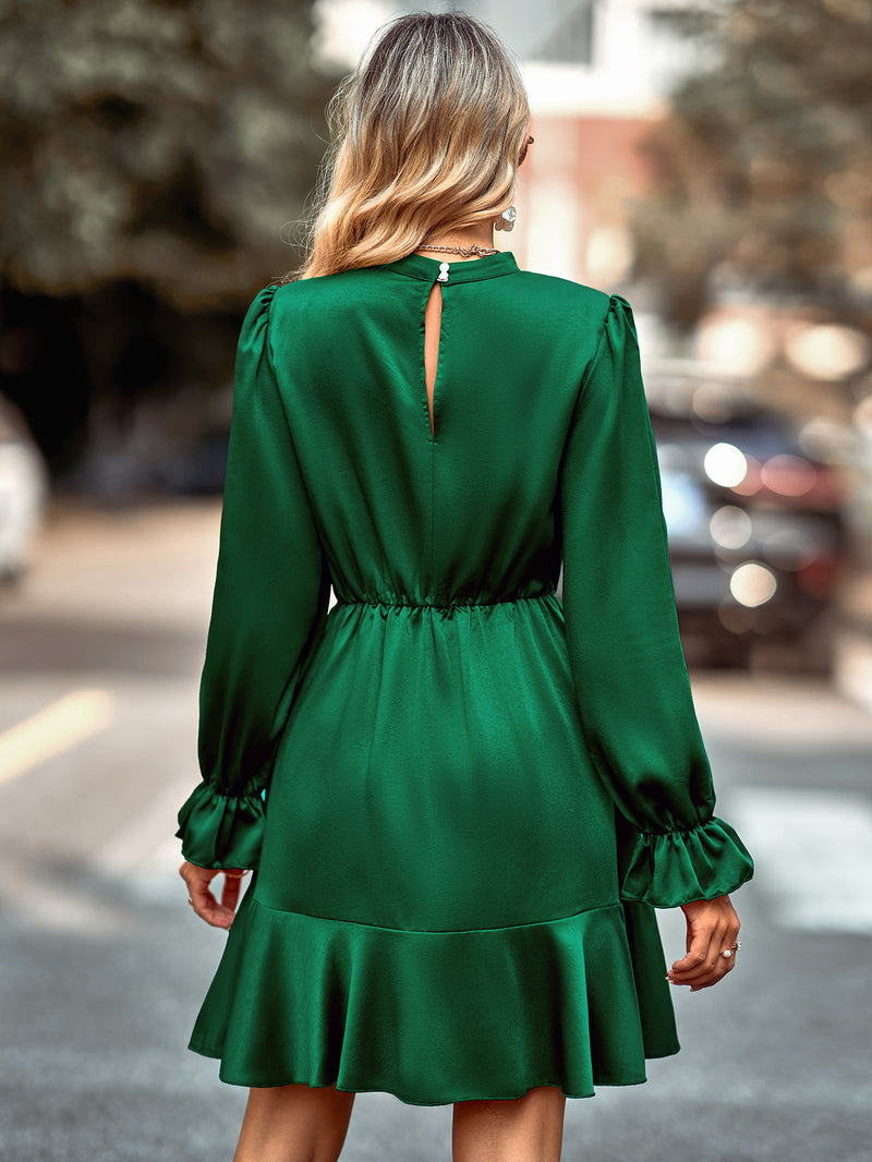 Solid Color Long Sleeve High Neck Ruffled Dress Wholesale Dresses