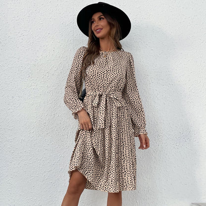 Leopard Print Long Sleeve Pleated Dress Wholesale Dresses