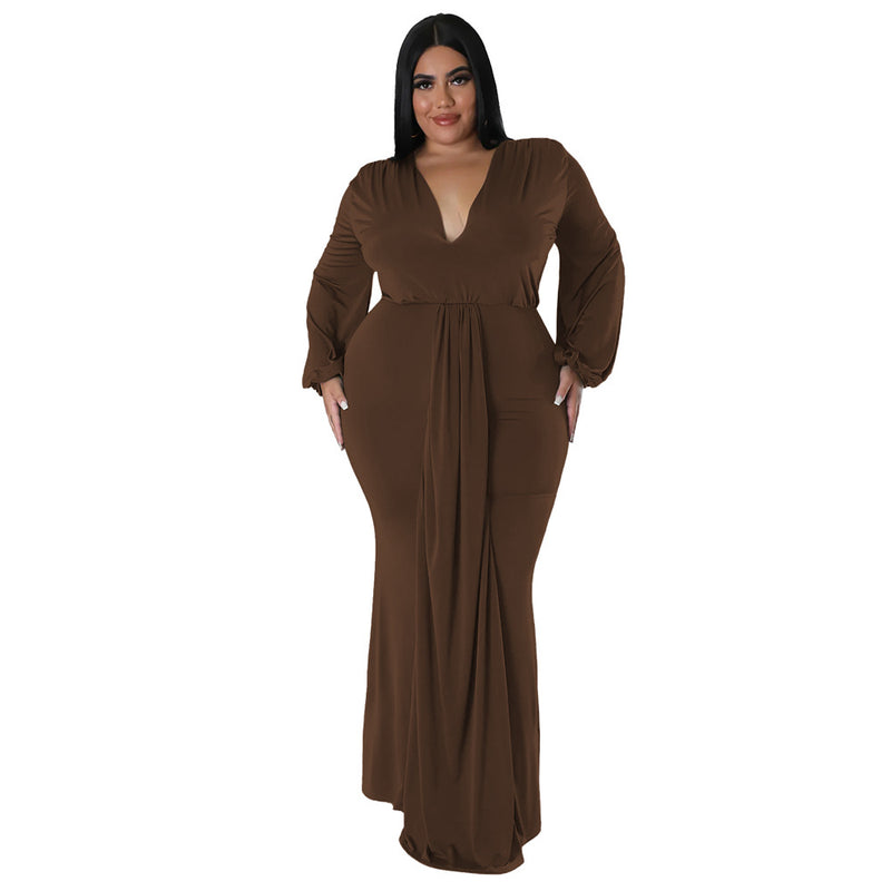 Long Sleeve V Neck Curvy Maxi Dresses Wholesale Plus Size Clothing