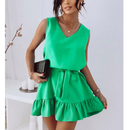 V-Neck Sleeveless Lace-Up Ruffled Swing Tank Dress Wholesale Dresses