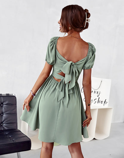 Solid Color Ruffled Puff Sleeve Square Neck Cutout Back Bowknot Swing Dress Casual Wholesale Dresses