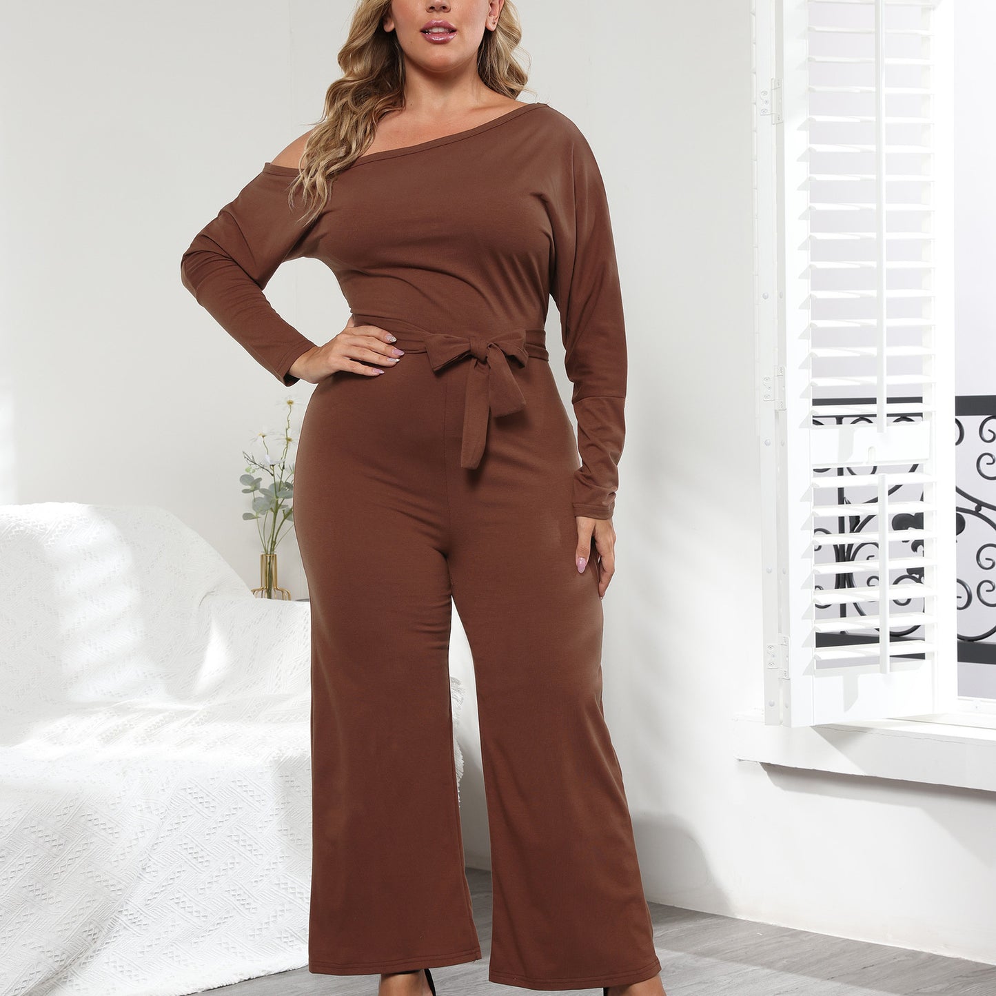 Lace-Up Irregular Slanted Shoulder Wholesale Plus Size Jumpsuit