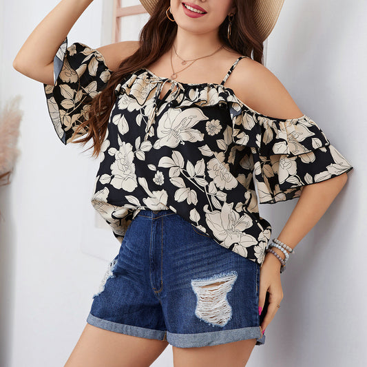 Fashion Chiffon Floral Sexy Off Shoulder Suspenders Shirt Lace Up Plus Size Tops Wholesale