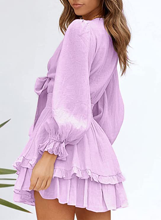 Solid Color V-Neck Tieback Bowknot Long Lantern Sleeve Ruffle Dress Casual Wholesale Dresses