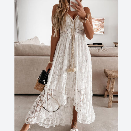 Solid Color Lace Fringe Irregular Hem Wide Swing Slip Maxi Dresses Wholesale Bohemian Dress For Women