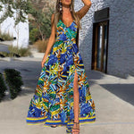 Deep V Neck Printed Sling Wide Swing Dress Vacation Sundresses Wholesale Maxi Dresses