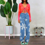 Floral Print Fashion Straight Denim Trousers High Waist Maxi Pants Wholesale Womens Jeans
