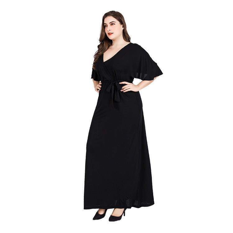 V Neck Flare Short Sleeve Curvy Maxi Dresses Wholesale Plus Size Clothing