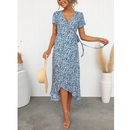 Printed Lace-Up V-Neck Short Sleeve Wrap Floral Dress Wholesale Maxi Dresses