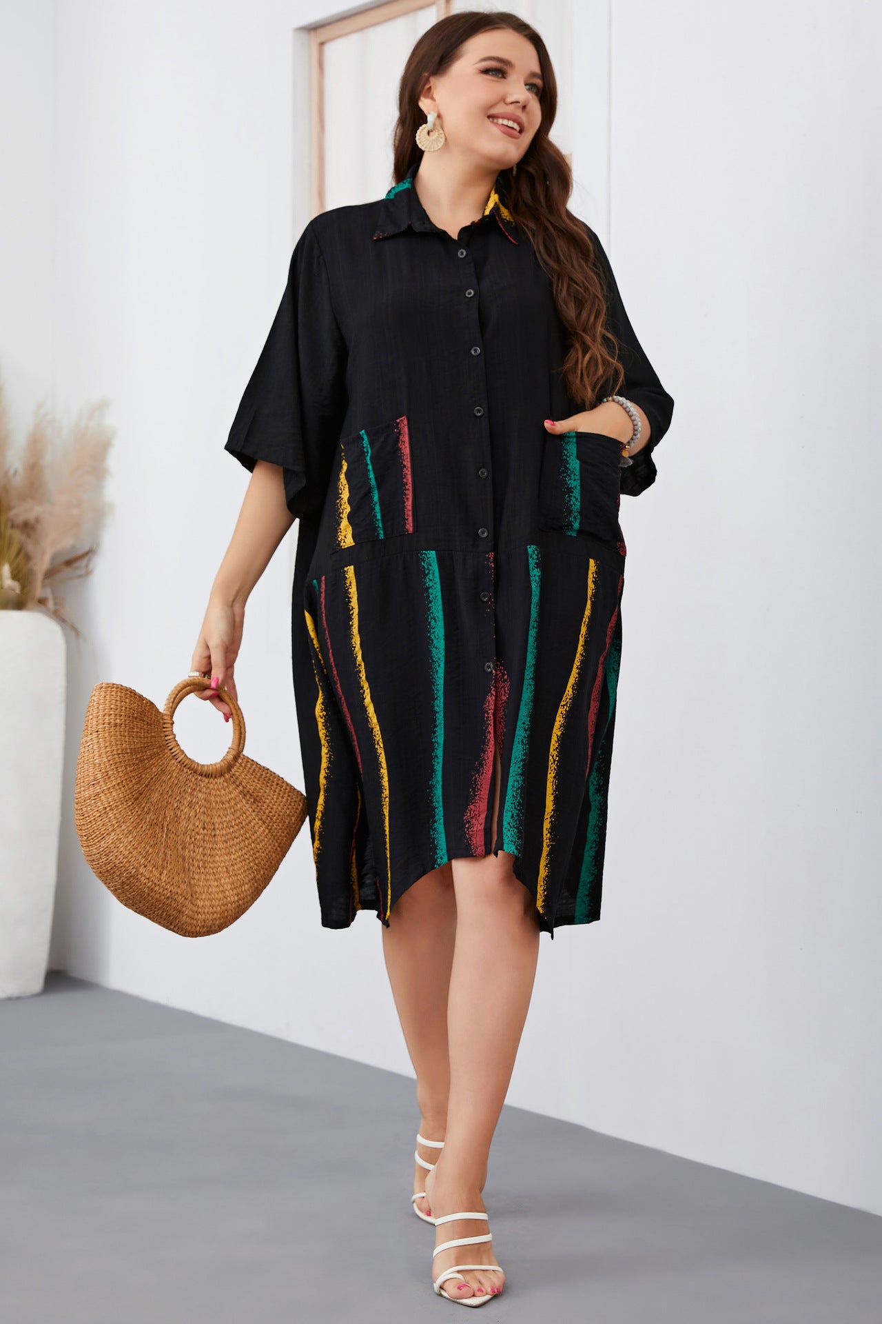 Fashion Irregular Lapel Half Sleeve Shirt Dress Solid Color Single-Breasted Dresses Loose Wholesale Plus Size Clothing