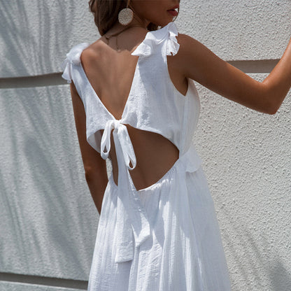 Casuav-Neck Sexy Backless Slit White Sling Dress Wholesale Maxi Dresses