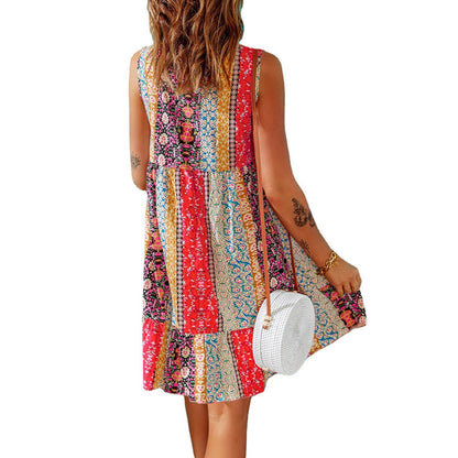 Sleeveless Vintage Print V Neck Wholesale Tank Dresses for Summer