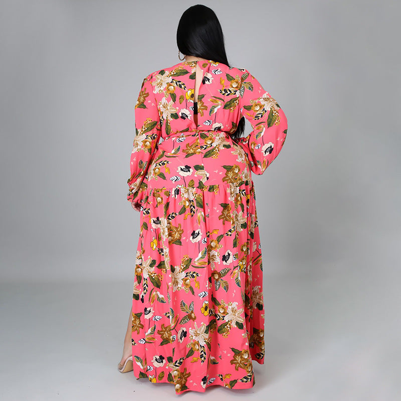 Cutout Sleeve Floral Print Slit Women Curvy Maxi Dresses Wholesale Plus Size Clothing
