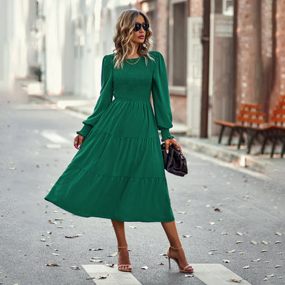 Casual High Waist Swing Dress Solid Color Long Sleeve Midi Wholesale Dresses