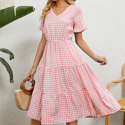 Pleated Tie Short Sleeve Square Neck Plaid Dress Wholesale Dresses