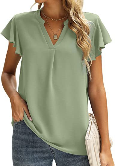 V-Neck Solid Color Frill Sleeve Casual Chiffon Women'S Tops Wholesale T Shirts ST531080