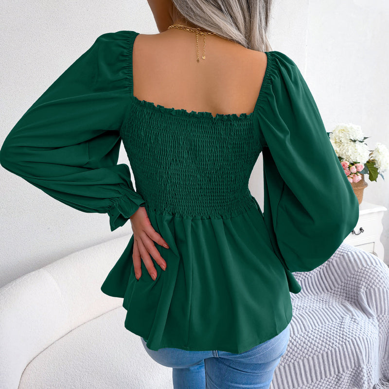 Pleated Casual Earrings Square Neck Long Sleeve Chiffon Blouses Wholesale Women Top