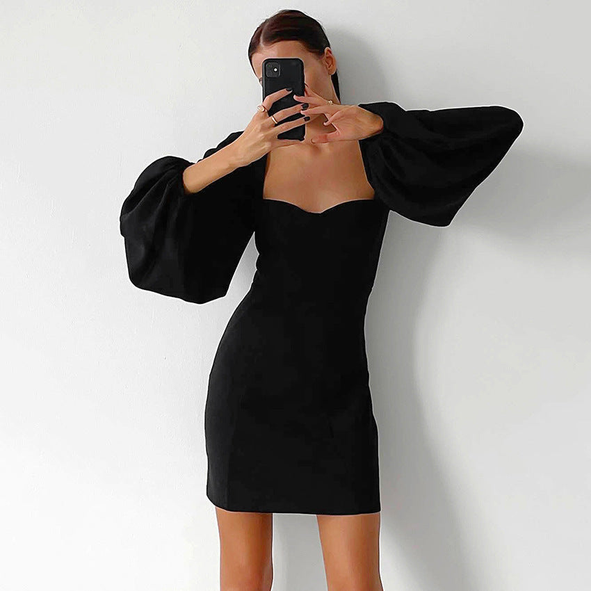 Square Collar Sexy Slim Puff Sleeve Solid Color Lady Dress Wholesale Dresses