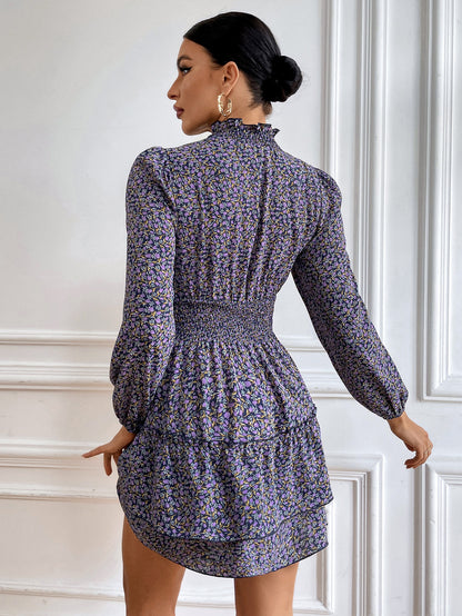 Floral Print Long Sleeve High Collar Ruffled Dress Wholesale Dresses