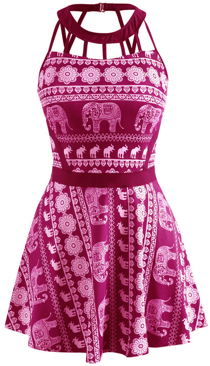 Swimwear Dress Halterneck Elephant Ethnic Style Print Womens One-Piece Swimsuits Vendors Wholesale