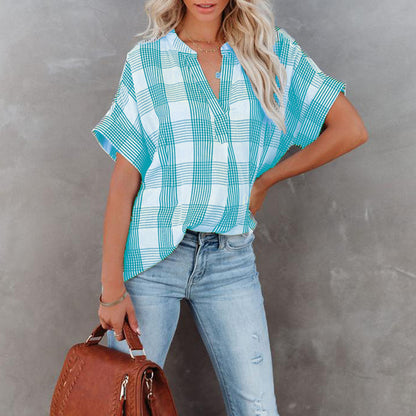 Plaid Print Short Sleeve V Neck Wholesale Blouses For Women Summer