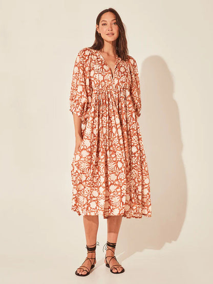 Puff Sleeve Loose Mid-Sleeve Floral Dress Wholesale Dresses