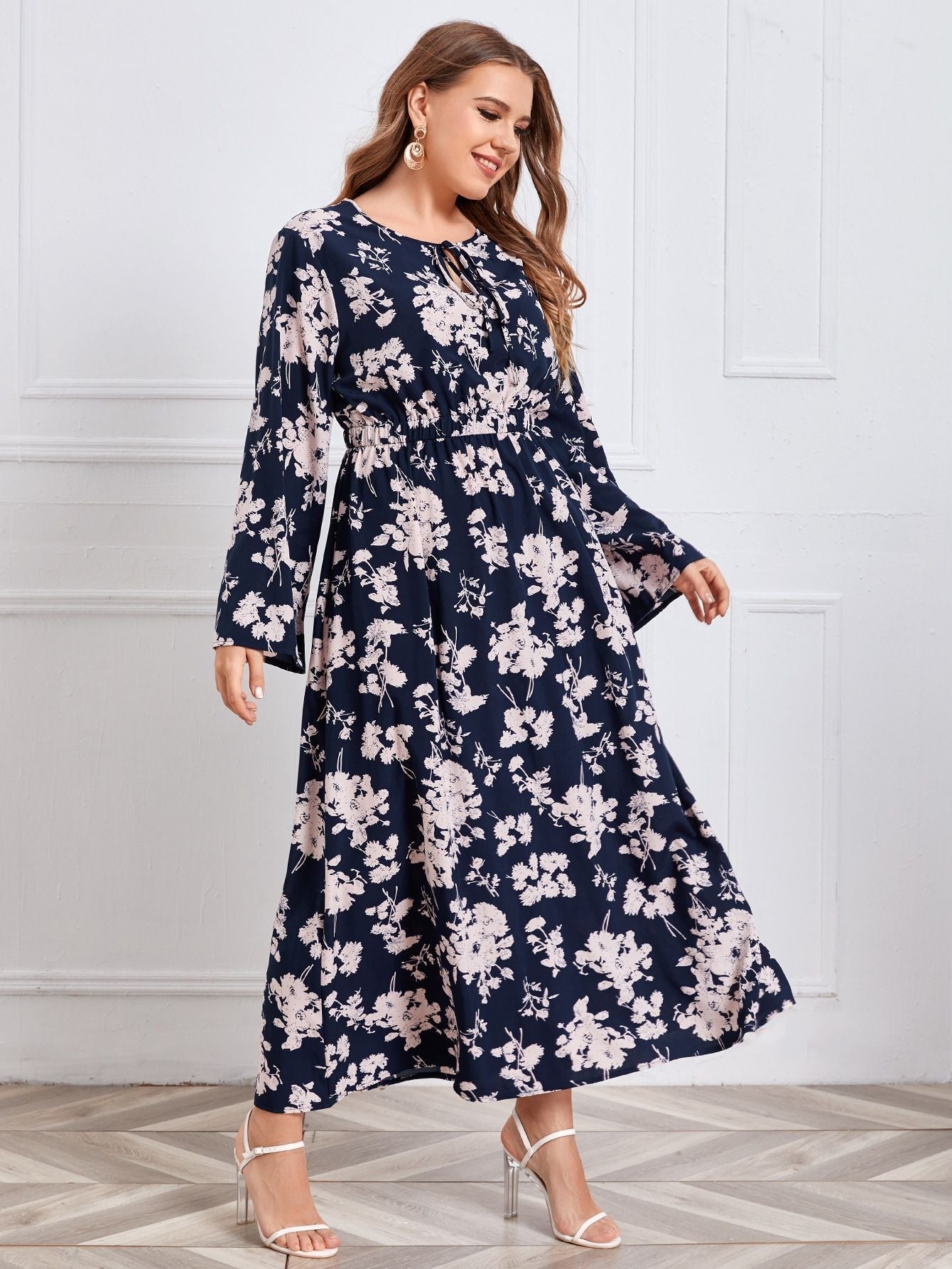 Long Sleeve Floral Print Casual Women Curvy Maxi Dresses Wholesale Plus Size Clothing