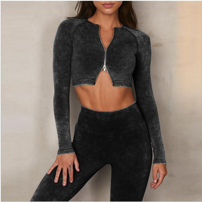 Sand-Washed Seamless Yoga Suits Double Zipper Tops & Leggings Wholesale Activewear Sets