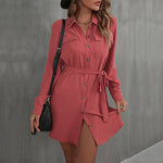 Casual Lapel Single-Breasted Solid Color Laced Shirt Dress Wholesale Dresses