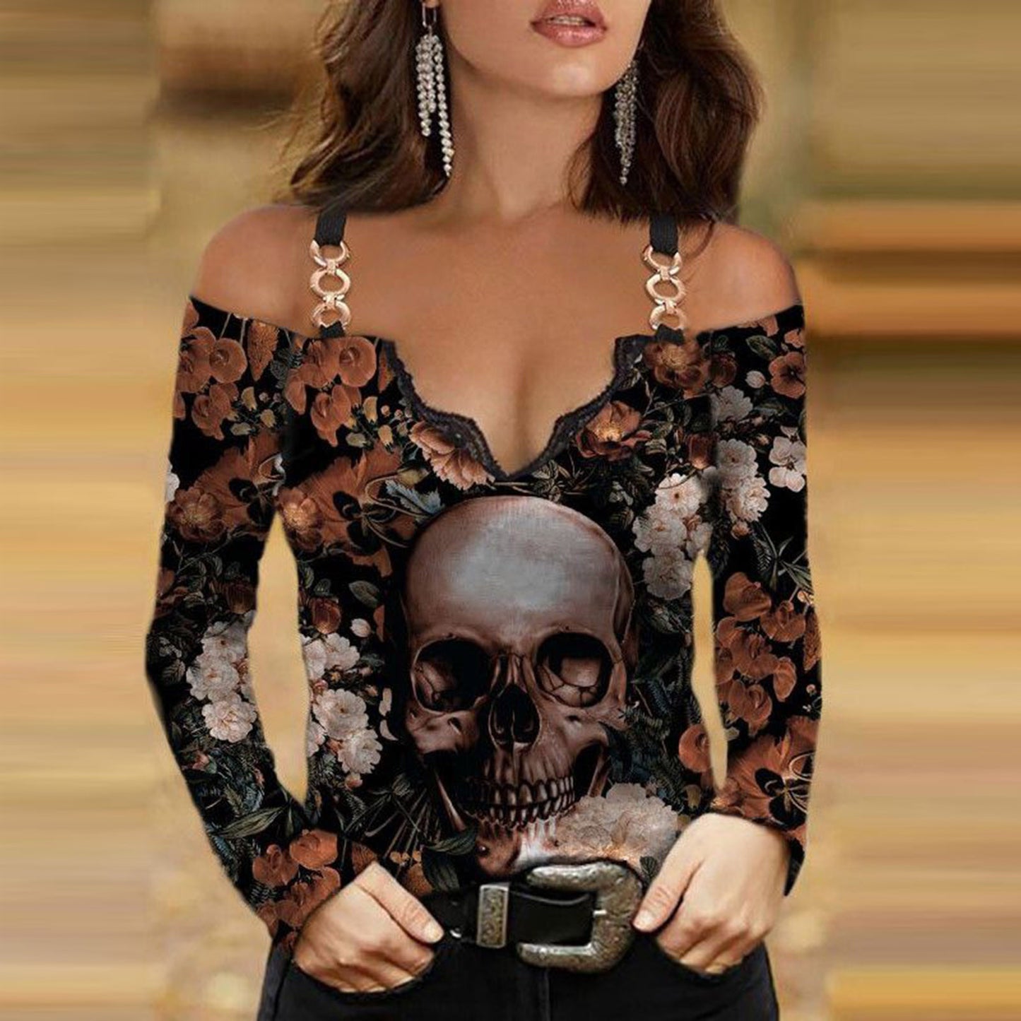 Halloween Print Sexy Sling Off-Shoulder Deep V Tops Wholesale Womens Long Sleeve T Shirts