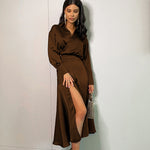Retro Long Sleeve Tops & High Slit Midi Skirt Slim Solid Color Satin Wholesale Womens 2 Piece Sets