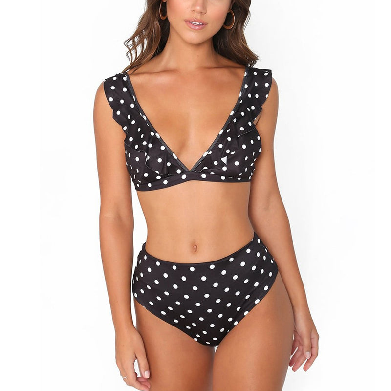 Polka Dot Print Deep V Swimsuits Ruffled Bikini Triangle Vintange Split Swimwear Wholesale Vendors