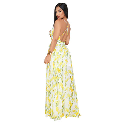 Fashion Print Deep V Neck Open Back Chiffon Beach Sling Wide Swing Dress Sexy Wholesale Maxi Dresses