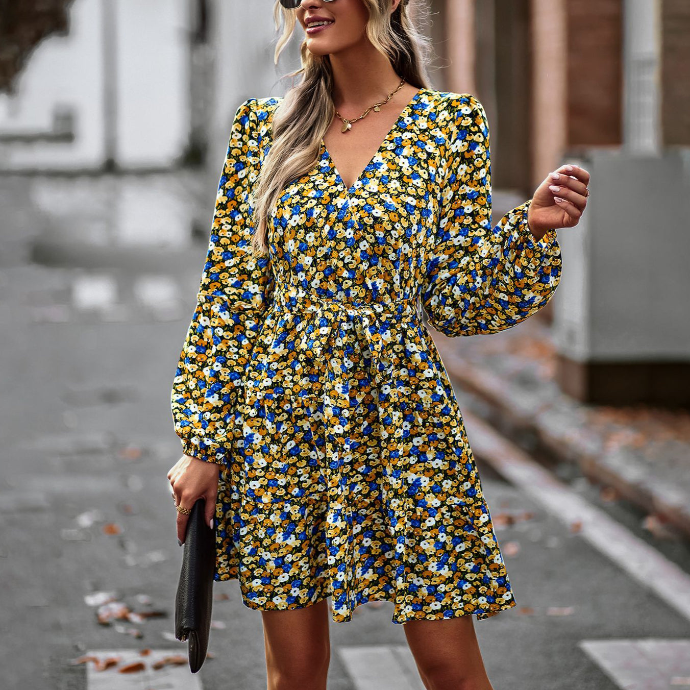 Floral Print V Neck Long Sleeve Swing Dress Wholesale Dresses