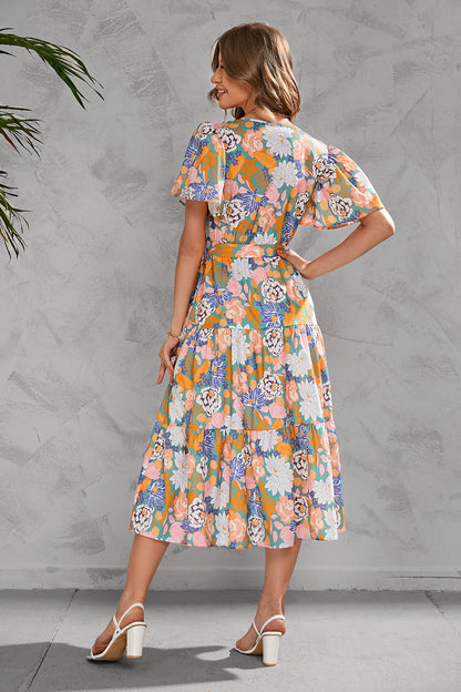 Short-Sleeve Floral Printed V-Neck Lace-Up Waist Midi Smocked Dress Casual Wholesale Dresses