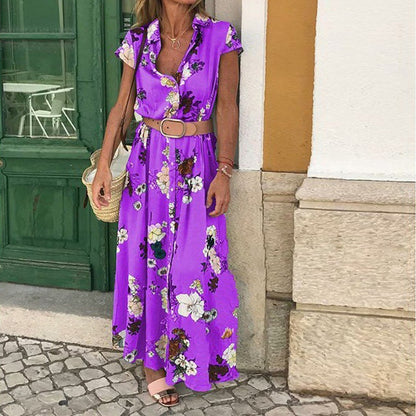 Short Sleeve Floral Print V-Neck Shirtdress With Belt Casual Vacation Wholesale Maxi Dresses