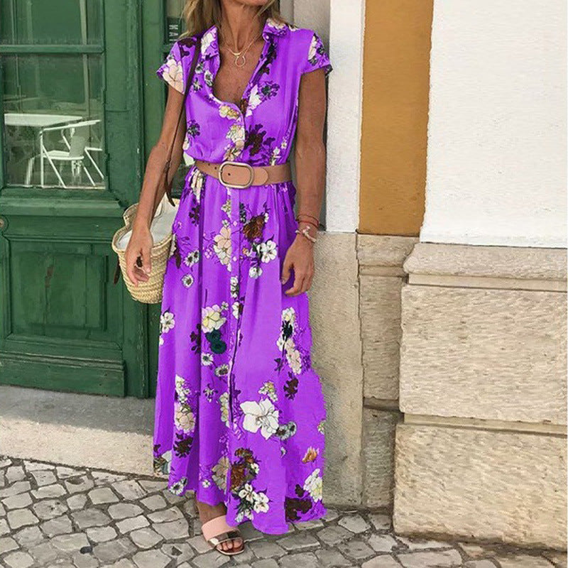 Short Sleeve Floral Print V-Neck Shirtdress With Belt Casual Vacation Wholesale Maxi Dresses