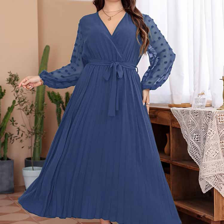 Solid Color Jacquard Curvy Pleated Dresses Wholesale Plus Size Clothing