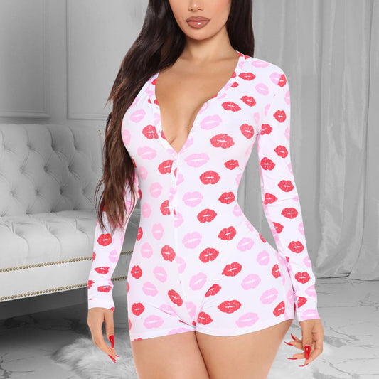 Home Lip Print Color Contrast Button Long Sleeve Skinny Playsuit Wholesale Women'S Clothing