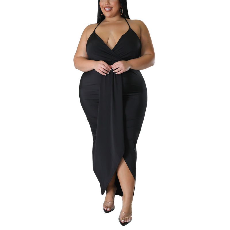 Deep-V Neck Strap Sleeveless Sling Ruched Sexy Curvy Maxi Dresses Wholesale Plus Size Clothing