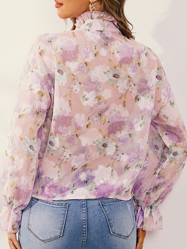Floral Print Elegant Chiffon Long Sleeve Shirts Wholesale Womens Tops