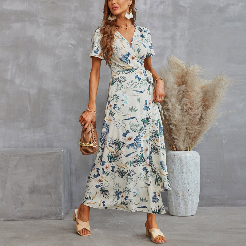 Sexy V Neck Vacation Slit Maxi Dresses Short Sleeve Floral Print Wholesale Dresses