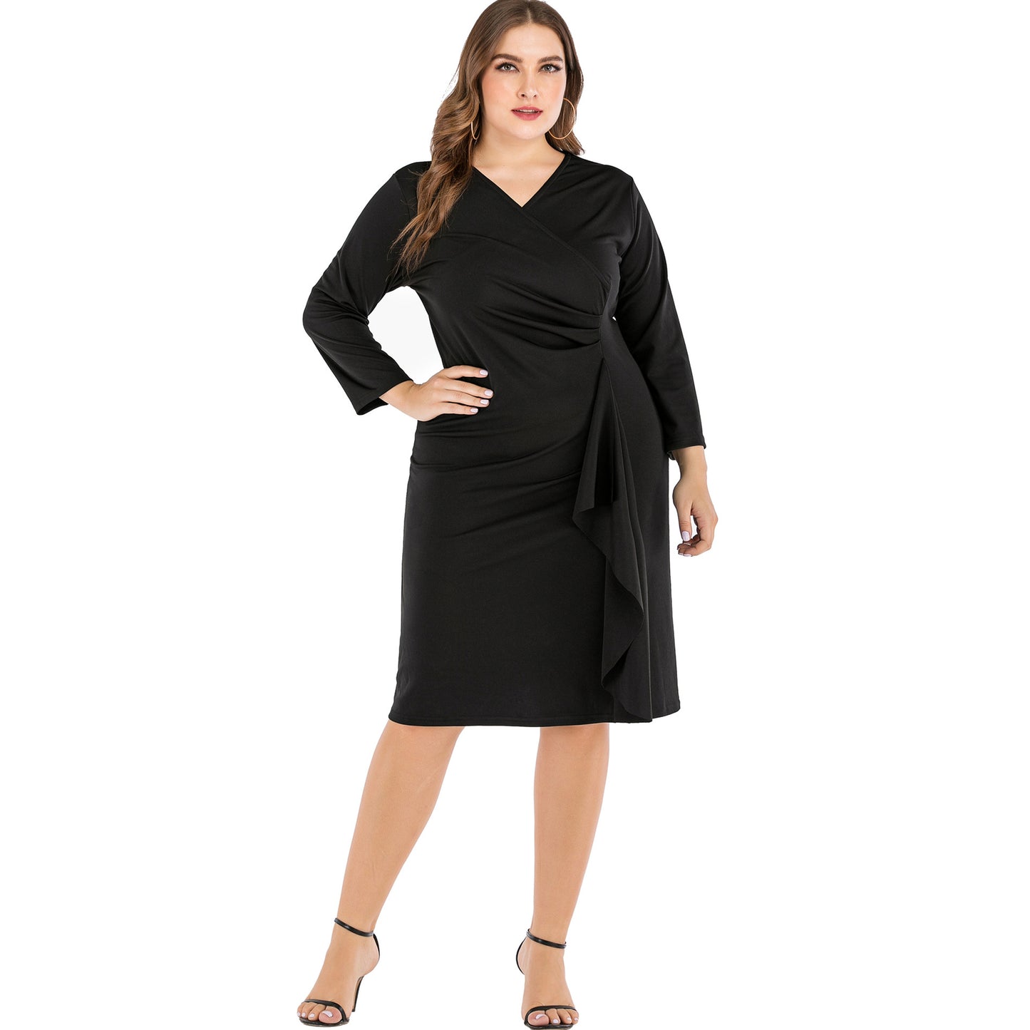 Solid Color V-Neck Long Sleeve Pleated Waist Ruffles Casual Curve Dresses Wholesale Plus Size Clothing